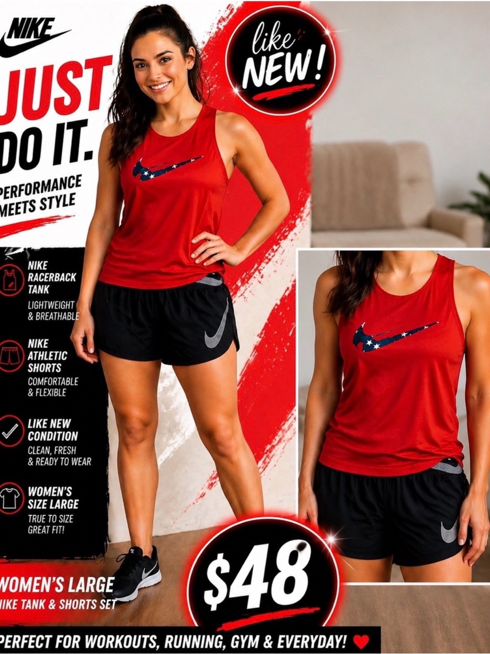 Nike Women’s Red Tank & Black Shorts Active Set